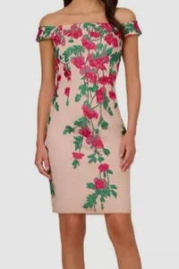 Adrianna Papell Women's Beige Cascading Florals Off-The-Shoulder Dress Size 10 - Picture 1 of 3