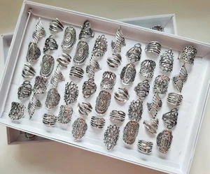 Wholesale 100pcs Vintage Carved hollow Silver Plated Wedding Rings Jewelry Women - Picture 1 of 7