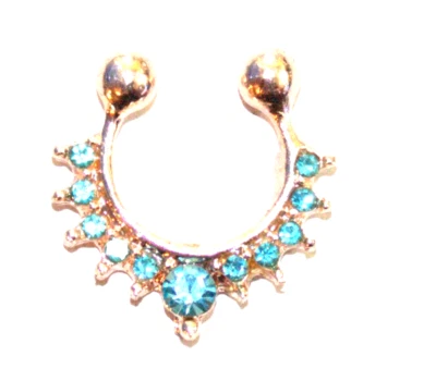 2 Gold Fashion Fake Nipple Hoop Rings Aqua Rhinestone prong set Look Sexy Gift - Image 1 of 2