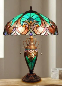 Victorian Stained Glass Table Desk Lamp Tiffany Style Double Lit - Picture 1 of 7