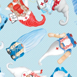 Caring Gnomes cotton quilt fabric Benartex 1411651B Tossed Blue Nurse Doctor - Picture 1 of 3