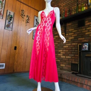 Vtg 80s Stretch Lace Plunging Peek a Boo Nylon Honeymoon Nightgown Lingerie S/M - Picture 1 of 9