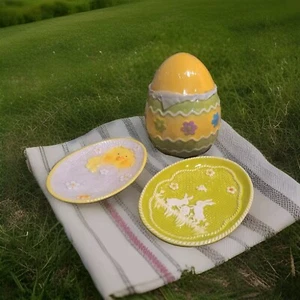 New total 3 pc Easter Ceramic TWO 7" Egg Shaped Plates and ONE 6.63" H egg pot - Picture 1 of 5