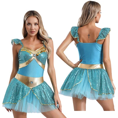 Mujer Disfraz de Princesa Árabe Mangas Moscas Lentejuelas Tutú Falda Vestido Leotardo Foto 1 de 4
