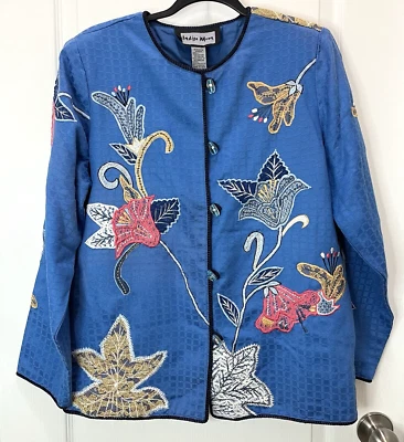 Chaqueta Blazer Indigo Moon Soft Shell Med Azul Bordado Flores Algodón Rayón Foto 1 de 4