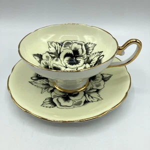 Vintage Taylor & Kent Pansy Tea Cup and Saucer Set Gold Gilt Black Flowers - Picture 1 of 18