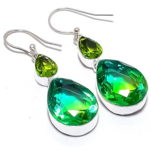 Bi-Color Tourmaline, Peridot Gemstone 925 Sterling Silver Jewelry Earring 2.0" - Picture 1 of 5