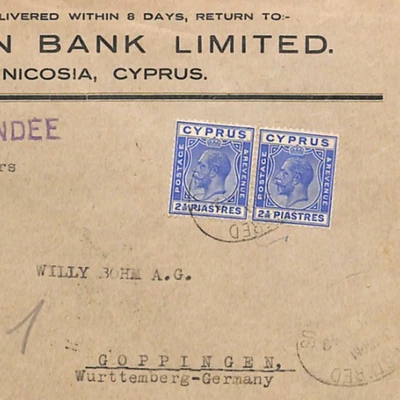 CYPRUS Cover KGV 2½pi Pair Nicosia Reg *IONIAN BANK* 1932 Goppingen XH191 - Image 1 of 4