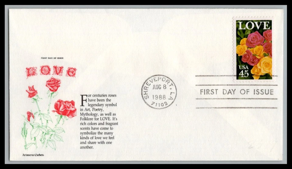 US FDC # 2379 45c Love Flowers Aristocrat   1988, 9p2536 - Image 1 of 1