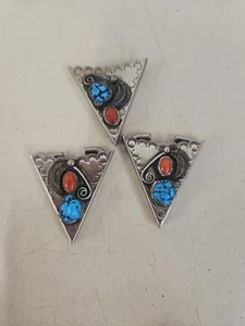 Juego de 3 protectores de punta de cuello de pluma de turquesa y coral plateado vintage. MU4 - Imagen 1 de 7