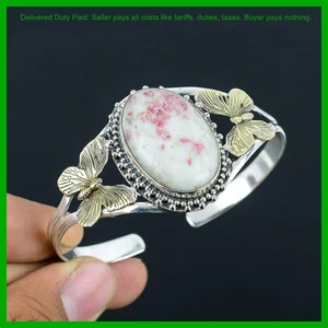 925 Sterling Silver Cinnabar Stone Bezel Butterfly And 18K Gold Plated Bangle - Picture 1 of 6