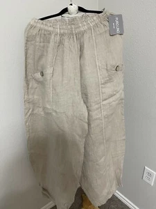 PURO LINO 100% LINEN WOMENS BEIGE PANTS MADE IN ITALY XL/XXL POCKETS BUTTONS - Picture 1 of 7