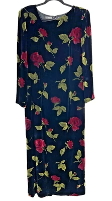 Liz Claiborne womens 12 Dress Velvet Black Maxi Dress red rose whimsigoth green - Image 1 of 4