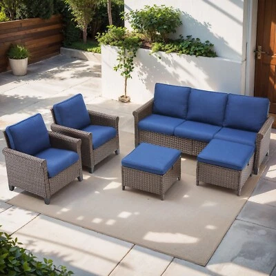 Juego de 6 piezas de muebles de patio juego de conversación de mimbre al aire libre con cojín para 7 asientos Foto 1 de 4