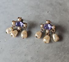 Vintage Regency Style Faux Pearl & Purple Crystal Glass Earrings