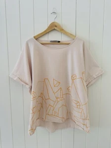 ELK Cotton T Shirt Size L Pale Pink Mustard Abstract Short Cuffed Sleeve Stretch - Picture 1 of 9
