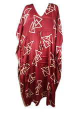 Boho Womens Kaftan Wine Beige Print Silk Maxi Cruise Beach Coverup Dress L-2XL