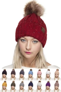 C.C Women's Confetti Fuzzy Lining Warm Knit Beanie Hat with Faux Fur Pom Pom - Picture 1 of 14
