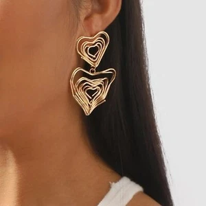 Handmade Sculpted Wire Double Heart Coquette Dangle Earrings NEW - Picture 1 of 6