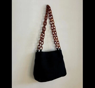Vintage Neiman Marcus Black Cord Brown Plastic Chain Strap Vtg Shoulder Bag 70s - Image 1 of 4