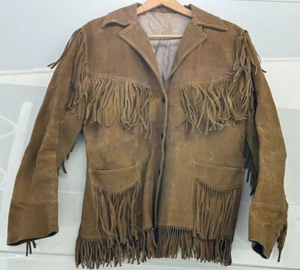 Vintage Western Suede Brown Leather Fringed Long Jacket Size 18 Jo -o- Kay - Picture 1 of 8