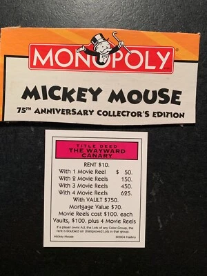 Monopoly   Mickey Mouse  THE WAYWARD CANARY  Title Deed   75th Anniversary  2004 - Image 1 of 4
