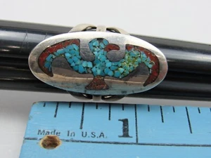 Vintage Thunderbird Inlay Stone Ring Turquoise Coral Chips Sterling Silver - Picture 1 of 10