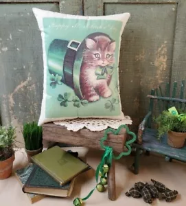 ANTIGUO VICTORIANO PRIMITIVO DE COLECCIÓN ESTILO IRLANDÉS ST PATRICK GATO ALMOHADA CON SOMBRERO - Imagen 1 de 8