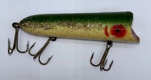 Unknown Vintage Wood Popper Fishing Lure, Cream Green With Gold Flakes