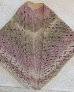 Lovely Hand Knit Triangle Hap Style Small Lace Shawl Pink Tan Wool 49 x 21" - Picture 1 of 12