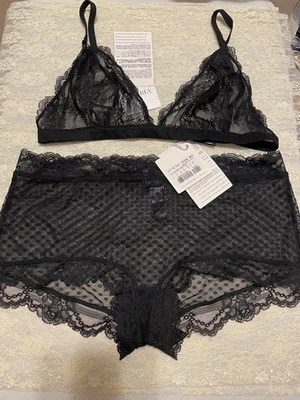 La Perla Tuberose 38B L Sujetador Triangular Hipster Calzoncillo Panty Conjunto Negro Hojas Encaje Foto 1 de 2