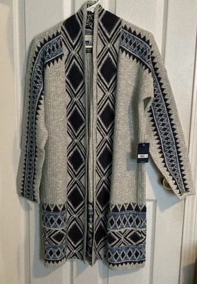 NWT Lucky Brand Women's Blue Knit Open Cardigan Sweater Aztec Southwestern, S/P - Image 1 of 4