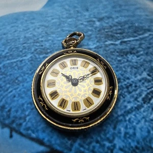 Vintage ORIS Swiss Watch Gold & Black Enamel Mechanical Pendant Necklace - Picture 1 of 13