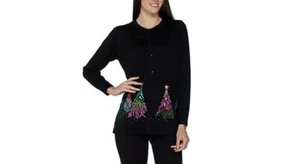 Quacker Factory Embroidered Sequin & Stud Tree Cardigan A284434 Black Small - Picture 1 of 5