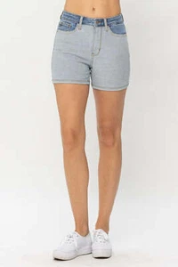 B Mirza collections Judy Blue Full Size Color Block Denim Shorts - Picture 1 of 8