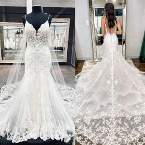 Mermaid Spaghetti Straps Wedding Dresses Sleeveless Beach V Neck Bridal Gowns - Picture 1 of 11
