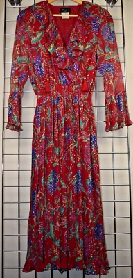 Vestido vintage Diane Freis anos 70 cintilante cranberry vermelho dourado roxo babados em camadas - Imagem 1 de 4