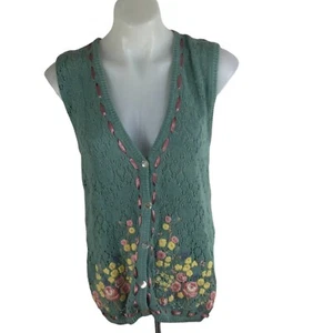 Jantzen Vintage Button Crochet Knit Floral Embroidered Cardigan Blue Green Sz M - Picture 1 of 10