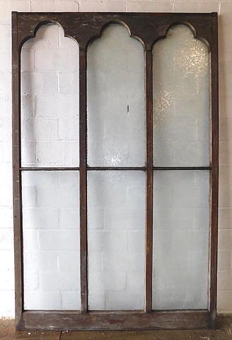 1800's Wooden GOTHIC Top Church WINDOW Frame & Chip Glass Arch Top Large ORNATE Cover