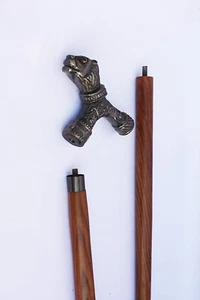 Lion king brass head handle 3 fold brown wooden walking stick new designer cane - Picture 1 of 9