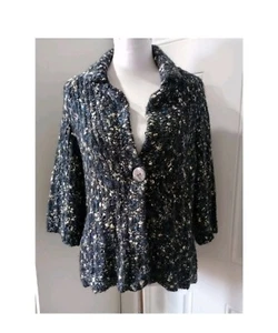 Susan Bristol Cardigan Size L Fuzzy BlueBlack&Cream Decorative Button 3/4 Sleeve - Picture 1 of 17