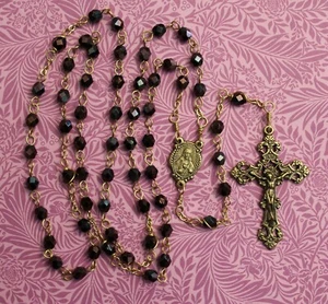 Handgefertigter ROSENKRANZ facettiert lila GLASperlen bronziert Teile Herz Jesu - Bild 1 von 3