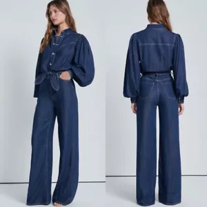 7 For All Mankind Denim Jumpsuit Womens Medium Lustre Wide Leg Balloon Sleeve - Picture 1 of 17