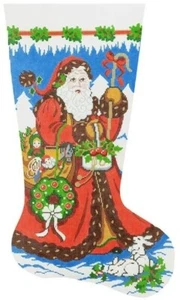 Needlepoint Handpainted Lee Christmas Stocking Strolling Santa 23" - Picture 1 of 4