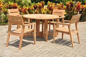 5-Piece Outdoor Teak Dining Set: 48" Butterfly Table 4 Stacking Arm Chairs Vello - Picture 1 of 11