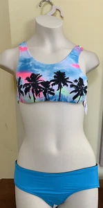 Nwt Justice Tropical Bikini Top Tie Dye  & Reversible Black Blue Bottom Sz 7 Set - Picture 1 of 4