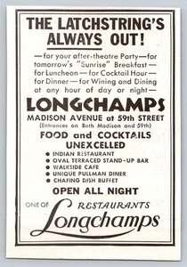 Anuncio impreso Longchamps Restaurant de 1930, Madison Ave @ 59th St., Nueva York 2,75" x 4" - Imagen 1 de 1