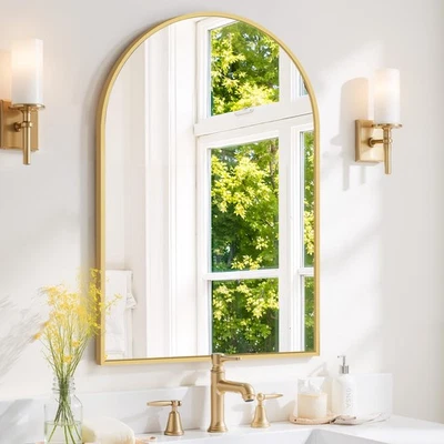 Espejo de pared arqueado 36x24 pulgadas dorado espejo de tocador de baño con marco de metal, M... Foto 1 de 4