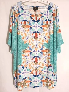 JM Collection-Green Orange Blue White Floral Geo Short Sleeve Knit Top Tunic-XXL - Picture 1 of 5