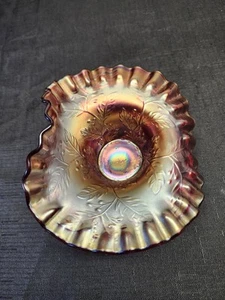Vintage Fenton - Marigold Carnival Glass Ruffled Crimped Dish Leaf And Wheat - Picture 1 of 12